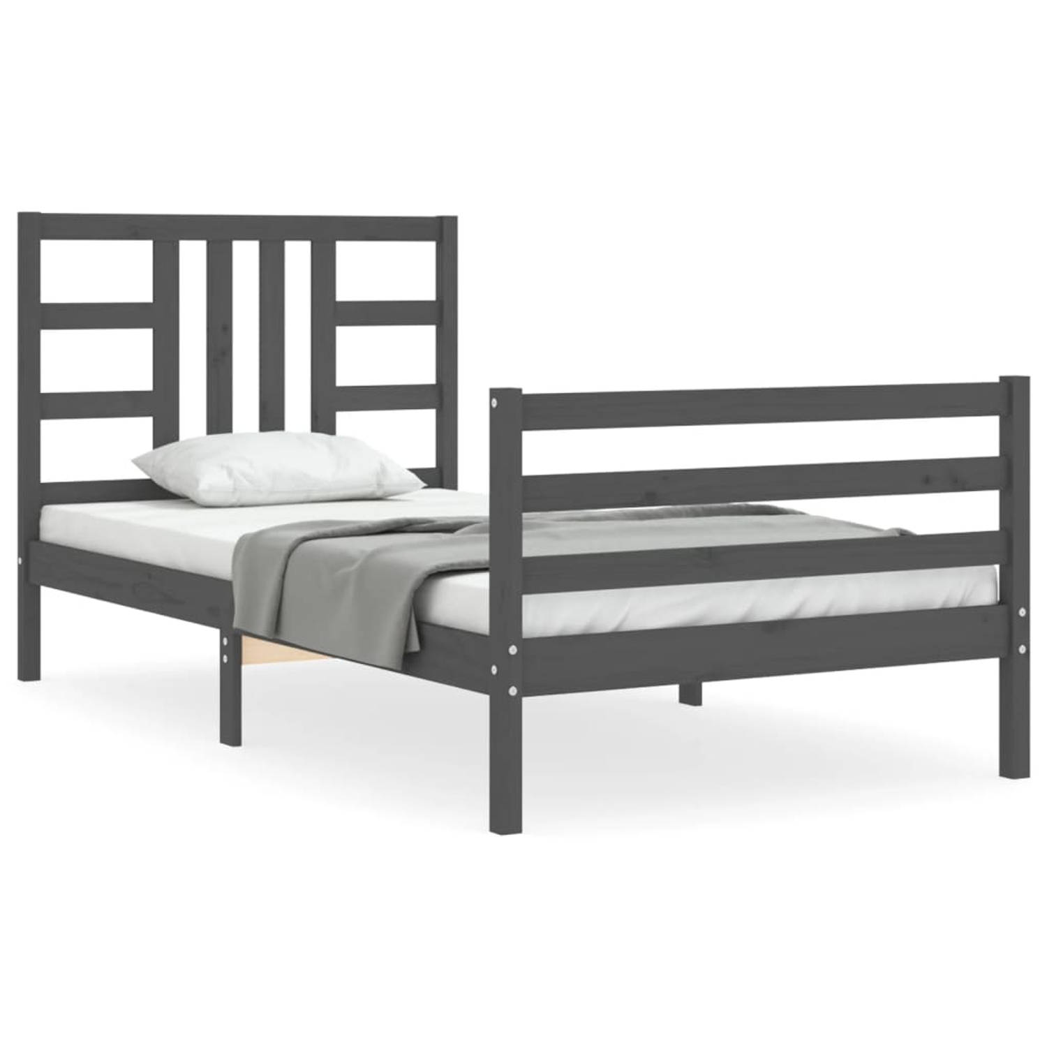 The Living Store Bedframe met hoofdbord massief hout grijs 100x200 cm - Bedframe - Bedframes - Bed - Eenpersoonsbed - Slaapkamermeubel - Houten Bedframe - Houten Bed - Bedbodem - M