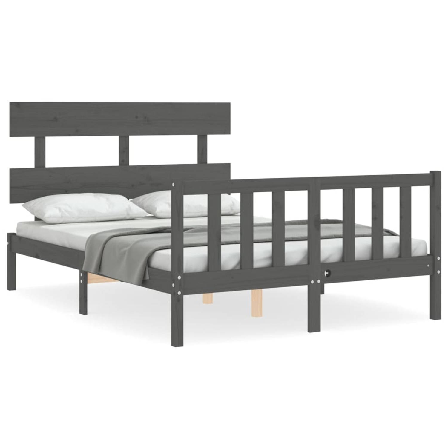 The Living Store Bedframe met hoofdbord massief hout grijs 4FT6 Double - Bedframe - Bedframes - Bed - Tweepersoonsbed - Slaapkamermeubel - Houten Bedframe - Houten Bed - Bedbodem -