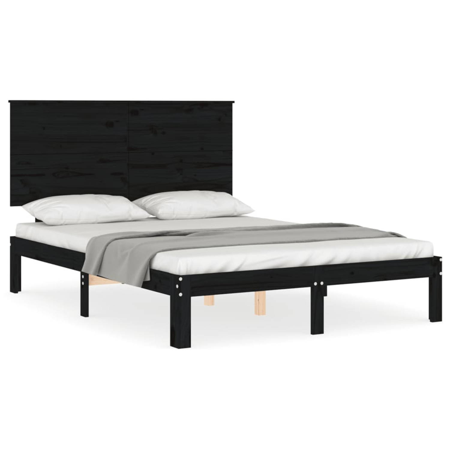 The Living Store Bedframe met hoofdbord massief hout zwart 140x200 cm - Bed