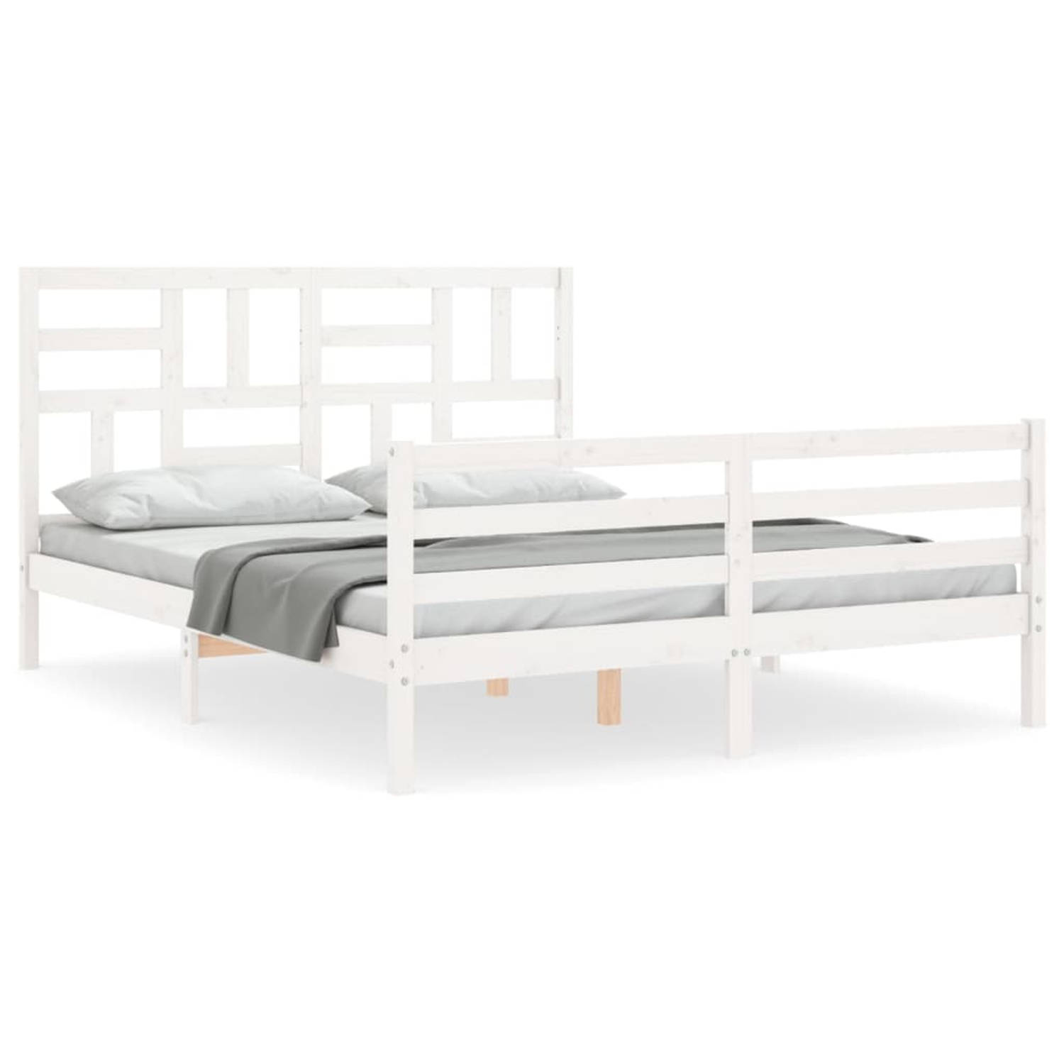 The Living Store Bedframe met hoofdbord massief hout wit 160x200 cm - Bedframe - Bedframes - Bed - Tweepersoonsbed - Slaapkamermeubel - Houten Bedframe - Houten Bed - Bedbodem - Ma