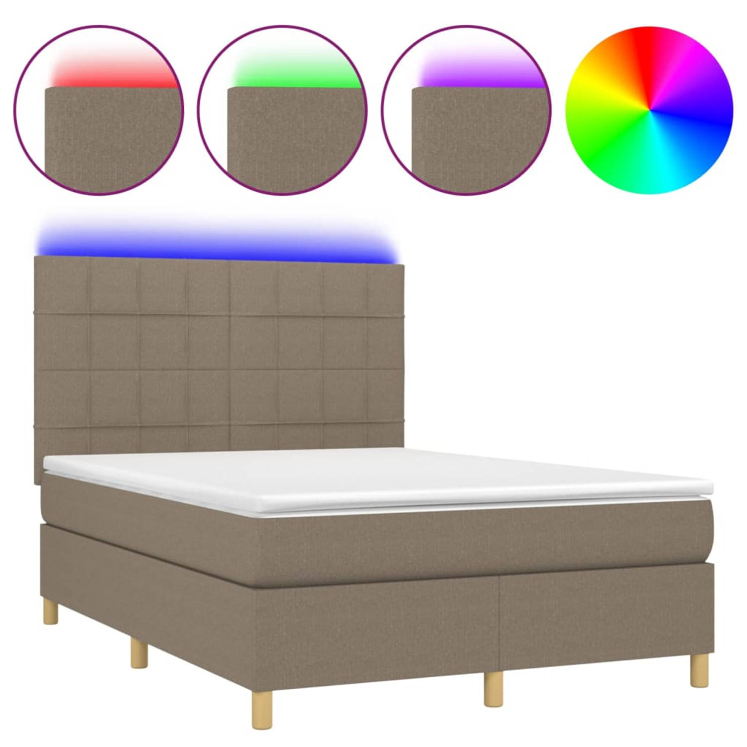 The Living Store Boxspring Bed - LED-verlichting - Pocketvering Matras - Huidvriendelijk Topmatras - Taupe - 203 x 144 x 118/128 cm (L x B x H)