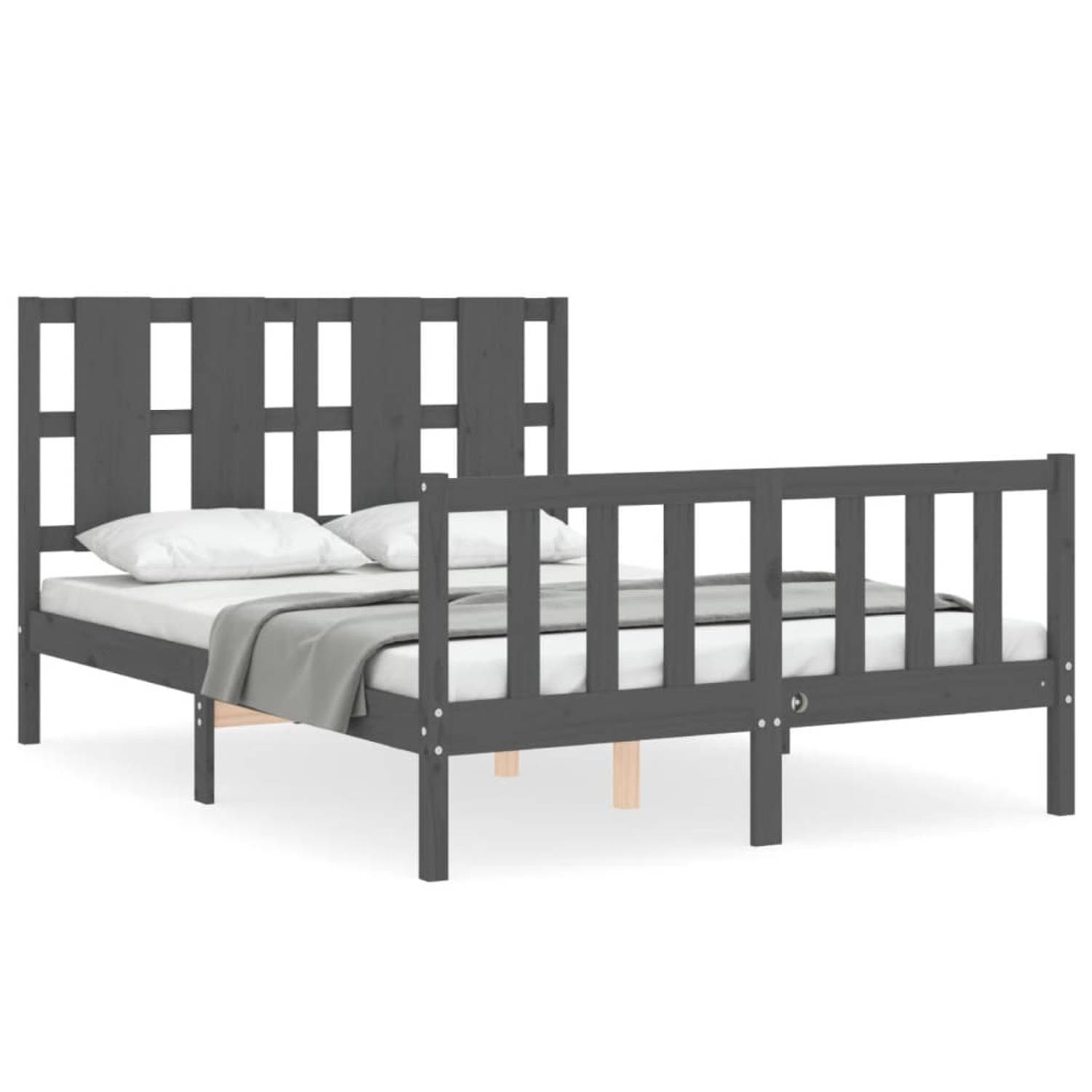 The Living Store Bedframe met hoofdbord massief hout grijs 140x190 cm - Bedframe - Bedframes - Bed - Tweepersoonsbed - Slaapkamermeubel - Houten Bedframe - Houten Bed - Bedbodem -