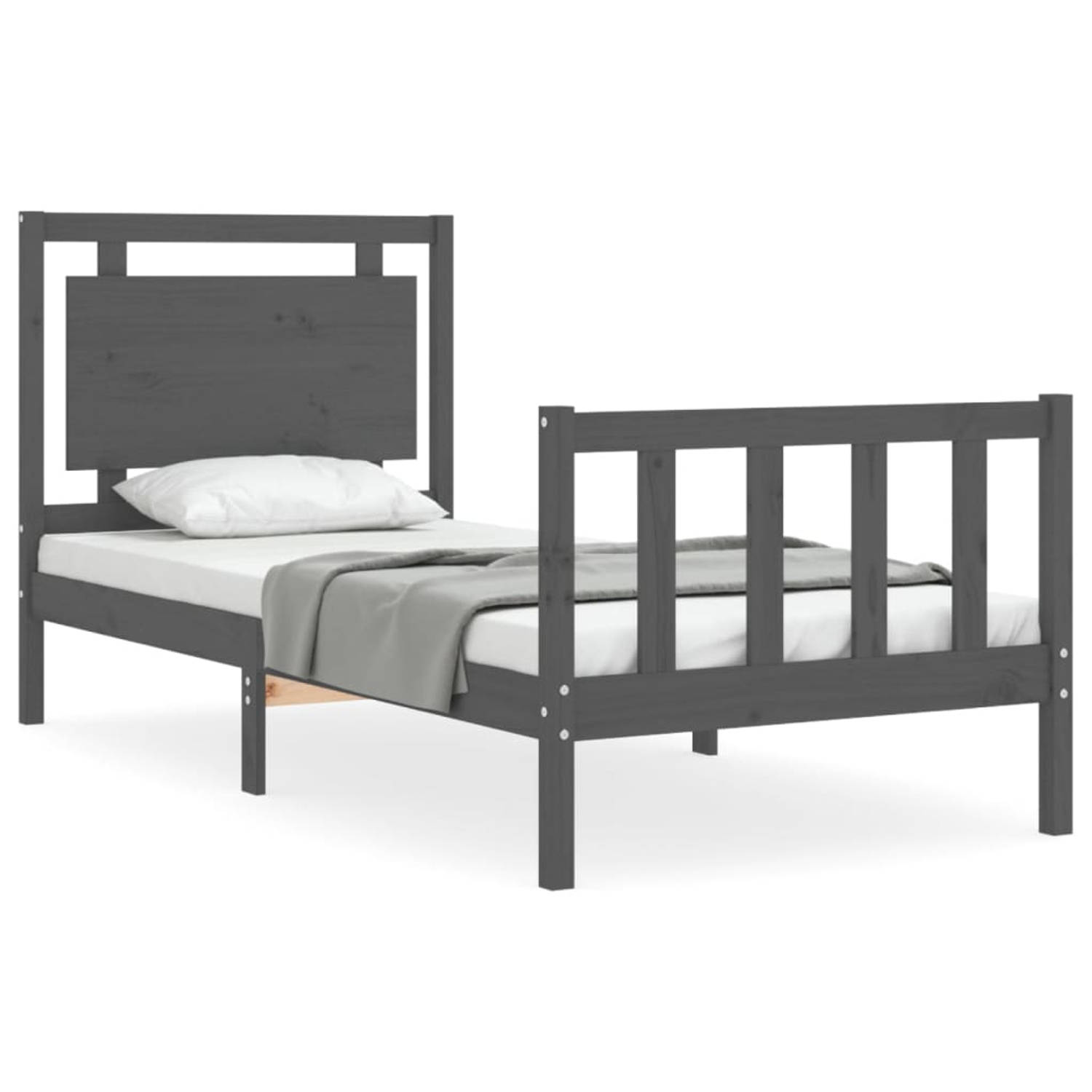 The Living Store Bedframe met hoofdeinde massief hout grijs 90x190 cm - Bedframe - Bedframes - Bed - Eenpersoonsbed - Slaapkamermeubel - Houten Bedframe - Houten Bed - Bedbodem - M