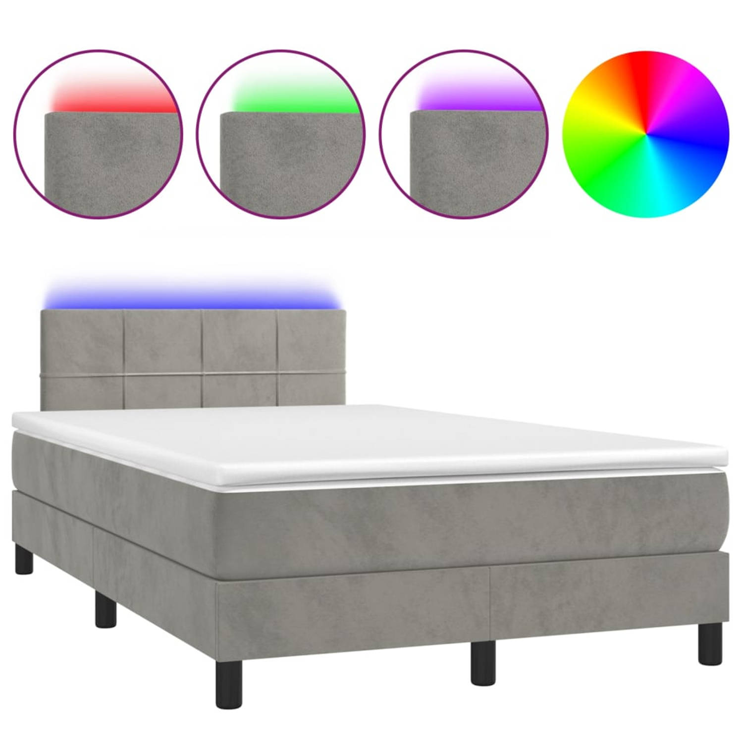 The Living Store Boxspring met matras en LED fluweel lichtgrijs 120x200 cm - Bed