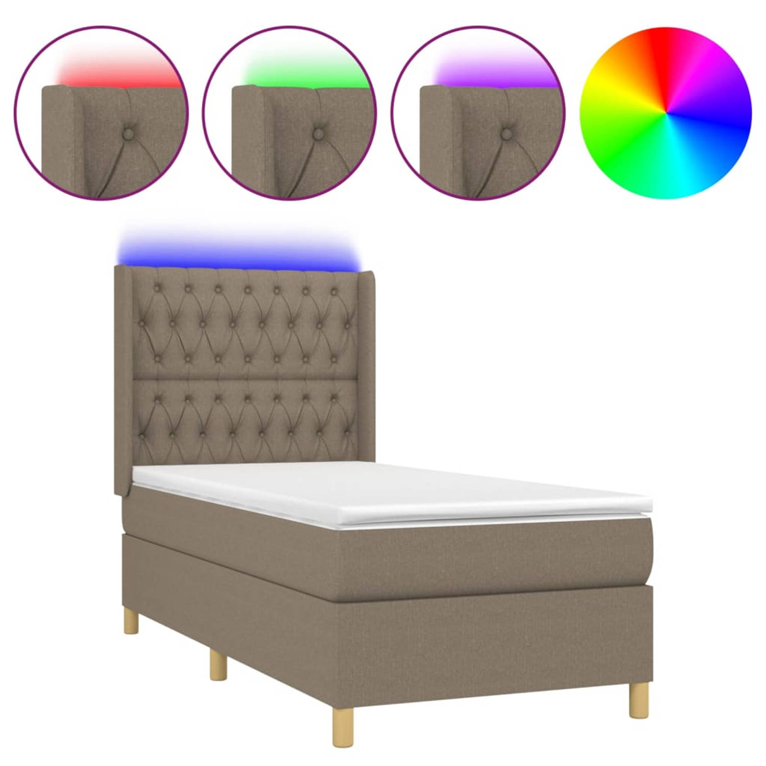 The Living Store Boxspring Bed - Taupe - LED - 203 x 83 x 118/128 cm - Duurzaam materiaal - Verstelbaar hoofdbord -