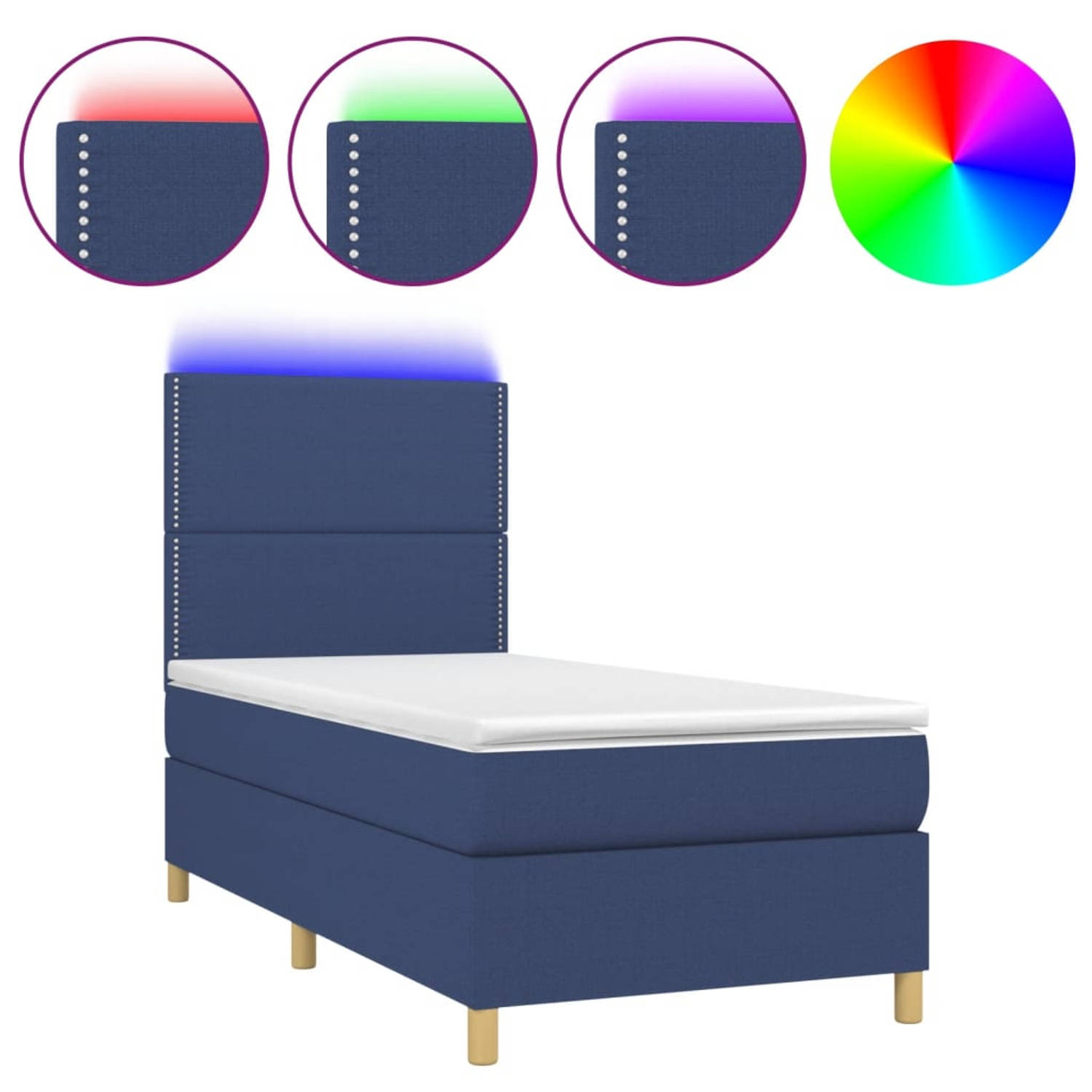 The Living Store Boxspring Bed - Blauw - 203 x 80 x 118/128 cm - Verstelbaar hoofdbord - Kleurrijke LED-verlichting - Pocketvering matras - Huidvriendelijk topmatras - Inclusief mo
