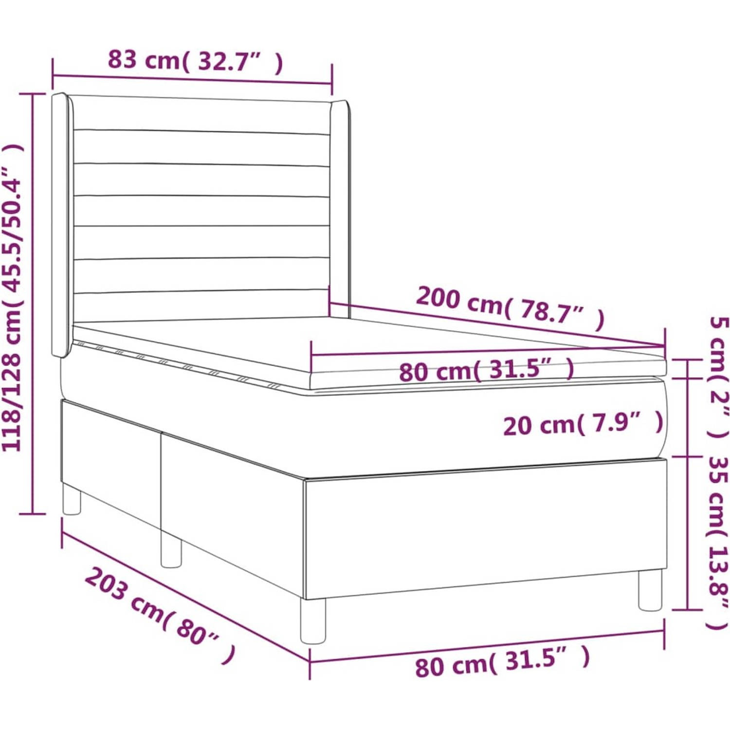 The Living Store Boxspringbed - Pocketvering matras - Middelharde ondersteuning - Huidvriendelijk topmatras - Donkergrijs - 203 x 83 x 118/128 cm