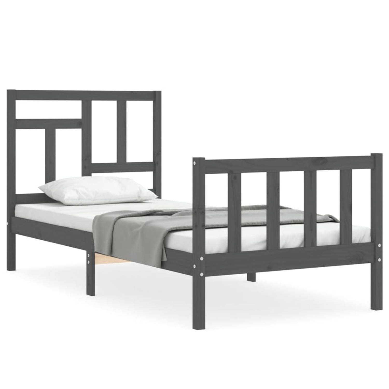 The Living Store Bedframe met hoofdbord massief hout grijs 90x200 cm - Bedframe - Bedframes - Bed - Eenpersoonsbed - Slaapkamermeubel - Houten Bedframe - Houten Bed - Bedbodem - Ma