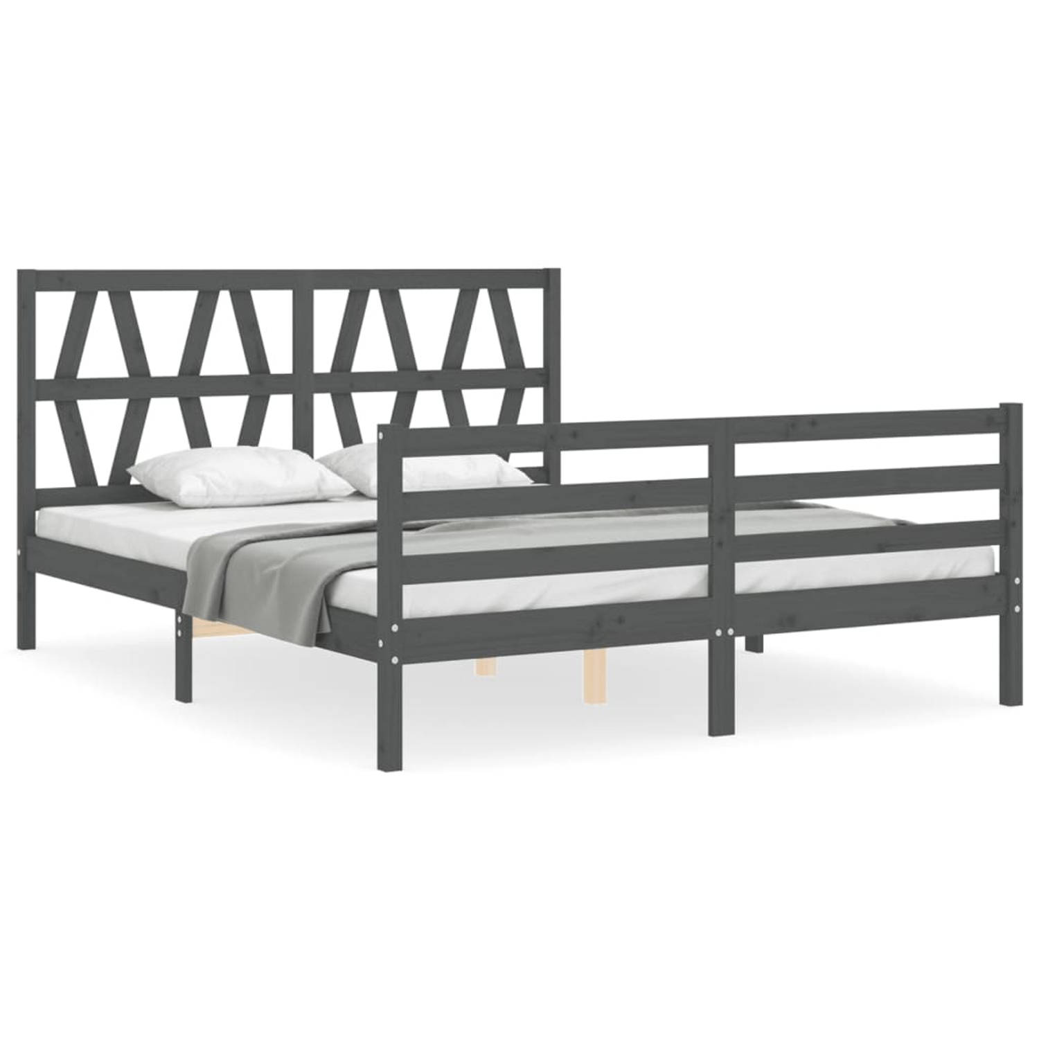 The Living Store Bedframe met hoofdbord massief hout grijs 160x200 cm - Bedframe - Bedframes - Bed - Tweepersoonsbed - Slaapkamermeubel - Houten Bedframe - Houten Bed - Bedbodem -