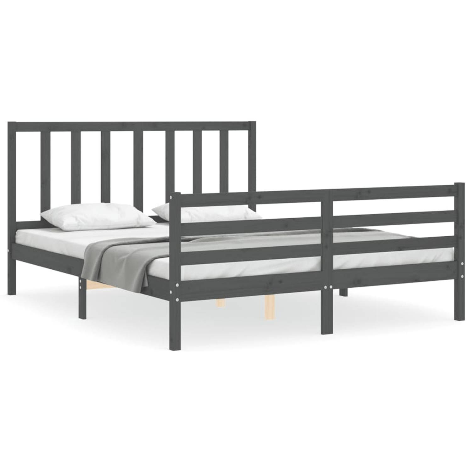 The Living Store Bedframe met hoofdbord massief hout grijs 5 FT King Size - Bedframe - Bedframes - Bed - Tweepersoonsbed - Slaapkamermeubel - Houten Bedframe - Houten Bed - Bedbode