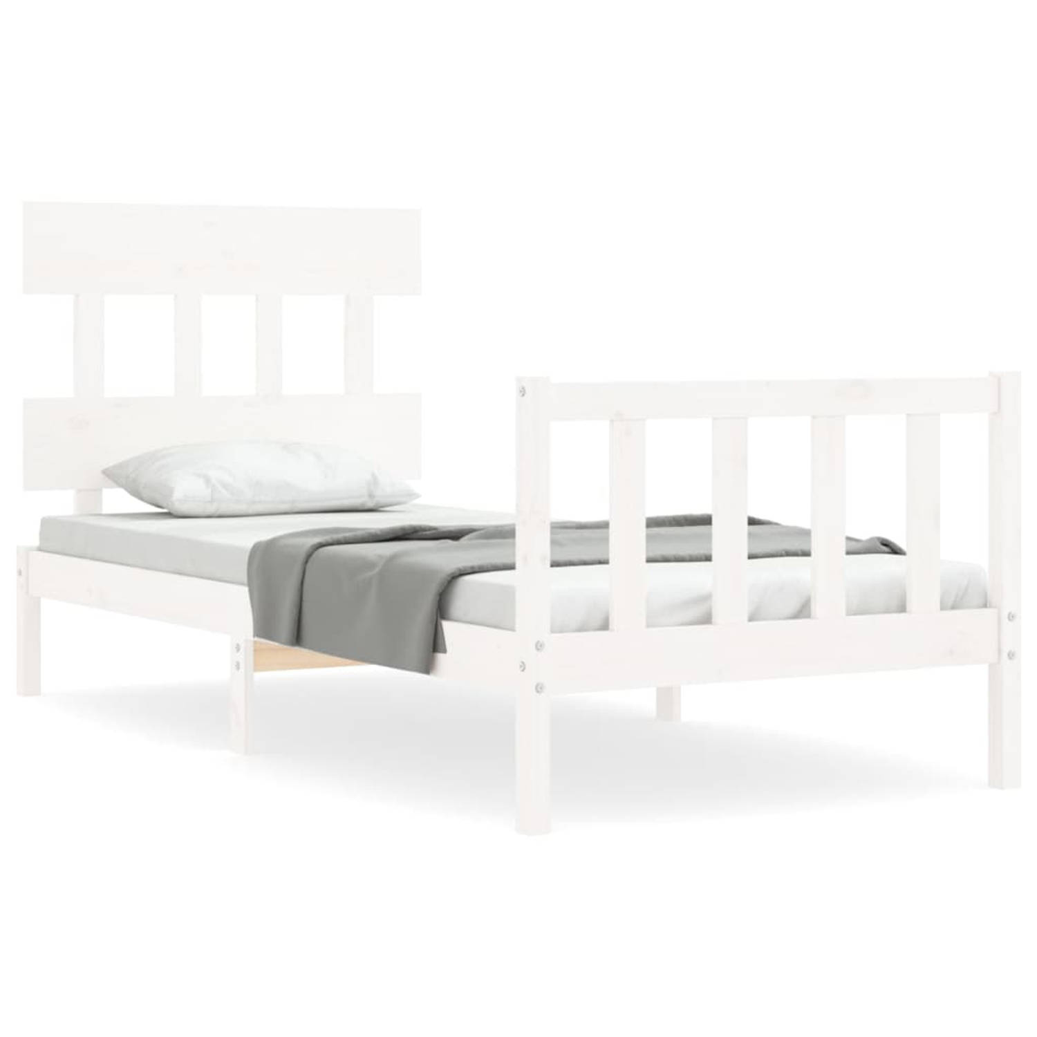 The Living Store Bedframe met hoofdbord massief hout wit 3FT Single - Bedframe - Bedframes - Bed - Eenpersoonsbed - Slaapkamermeubel - Houten Bedframe - Houten Bed - Bedbodem - Mas