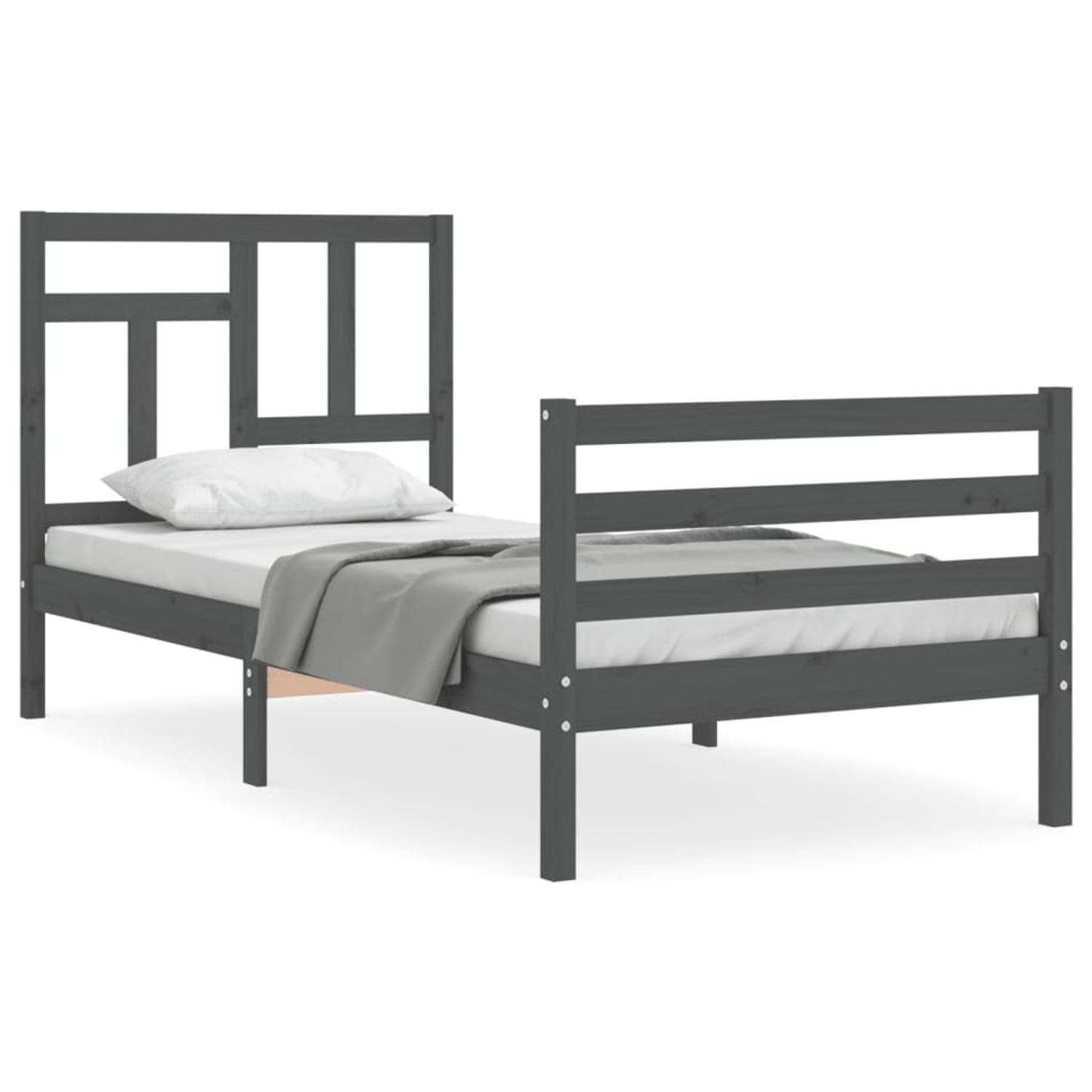 The Living Store Bedframe met hoofdbord massief hout grijs 90x200 cm - Bedframe - Bedframes - Bed - Eenpersoonsbed - Slaapkamermeubel - Houten Bedframe - Houten Bed - Bedbodem - Ma