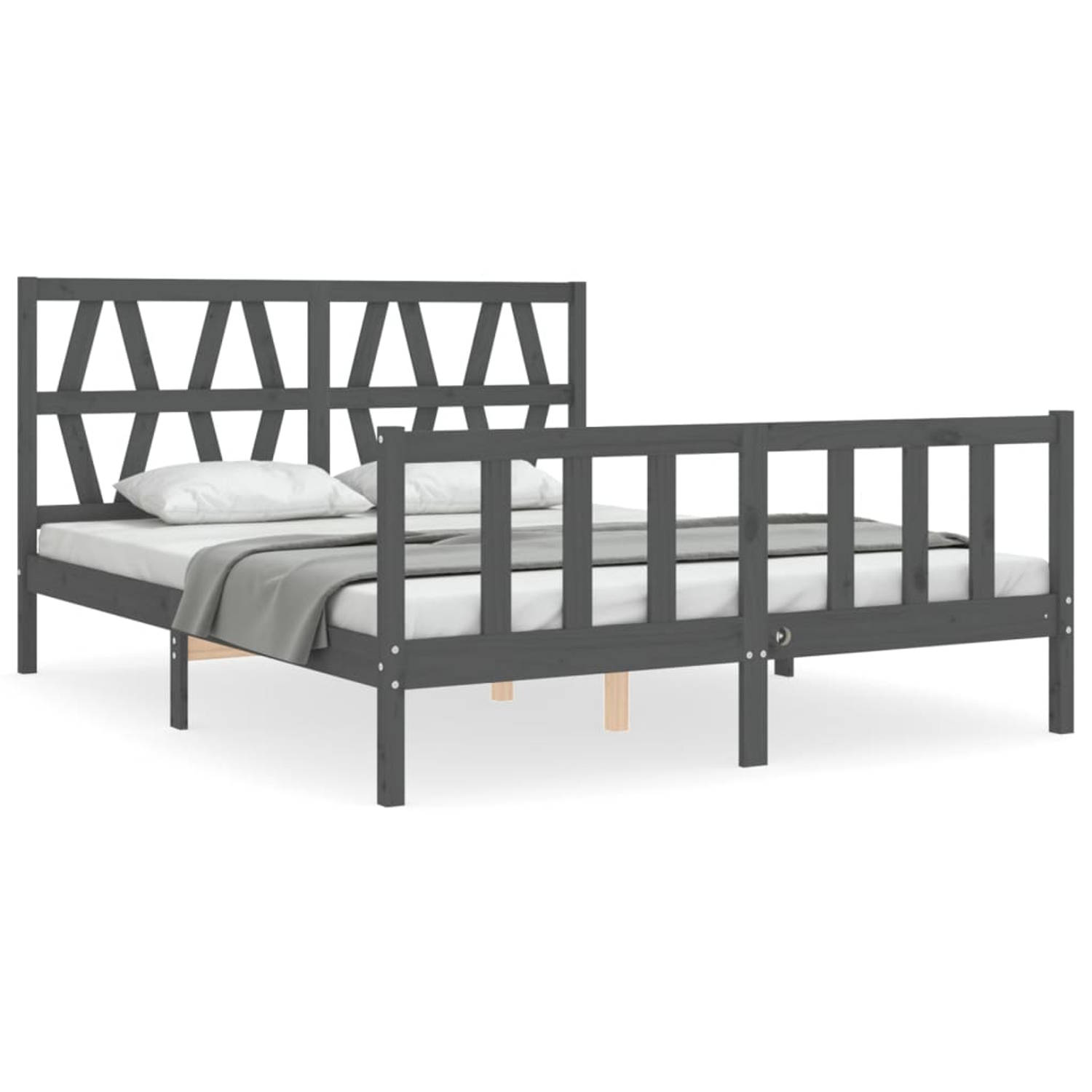 The Living Store Bedframe met hoofdbord massief hout grijs 160x200 cm - Bedframe - Bedframes - Bed - Tweepersoonsbed - Slaapkamermeubel - Houten Bedframe - Houten Bed - Bedbodem -