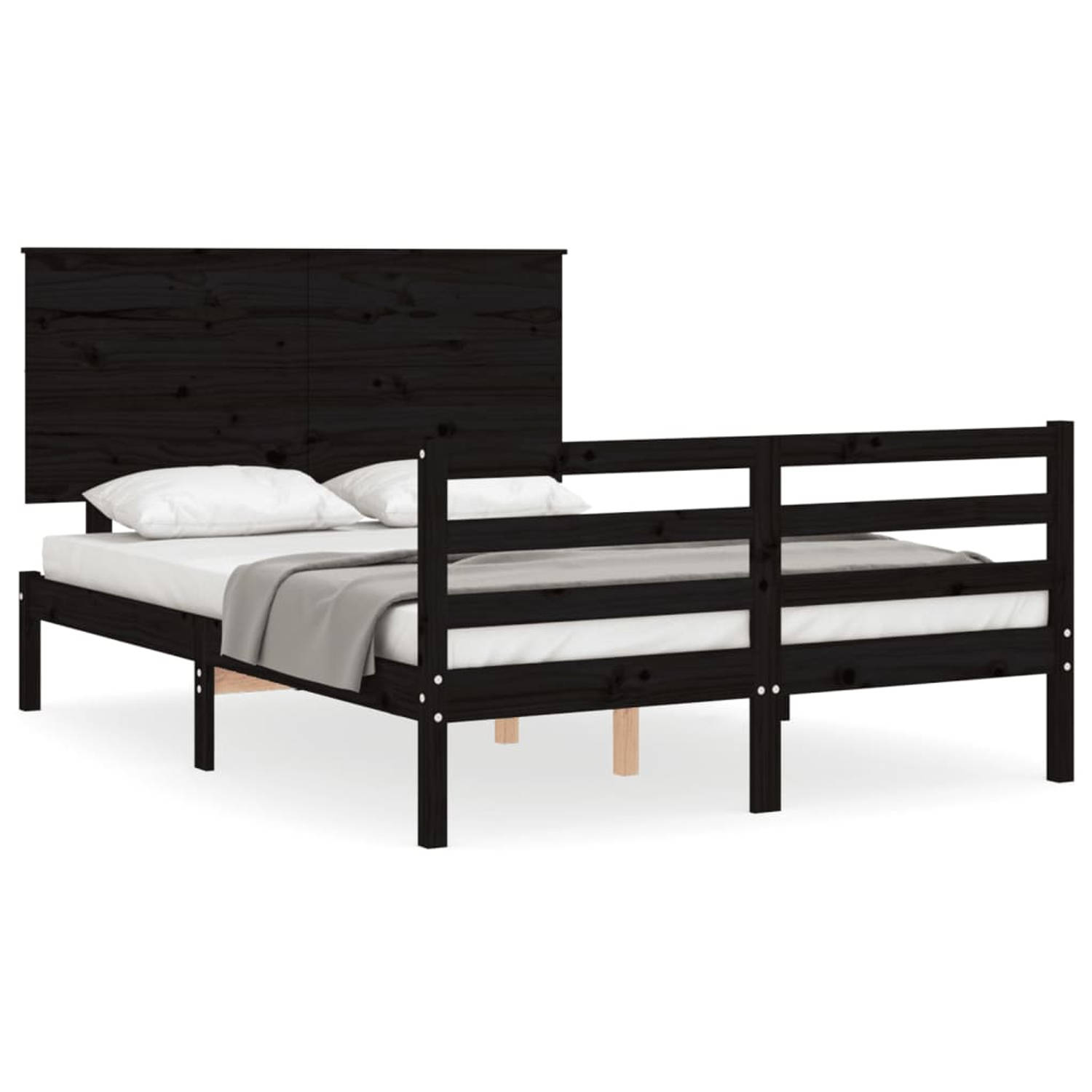 The Living Store Bedframe met hoofdbord massief hout zwart 4FT Small Double - Bedframe - Bedframes - Bed - Tweepersoonsbed - Slaapkamermeubel - Houten Bedframe - Houten Bed - Bedbo