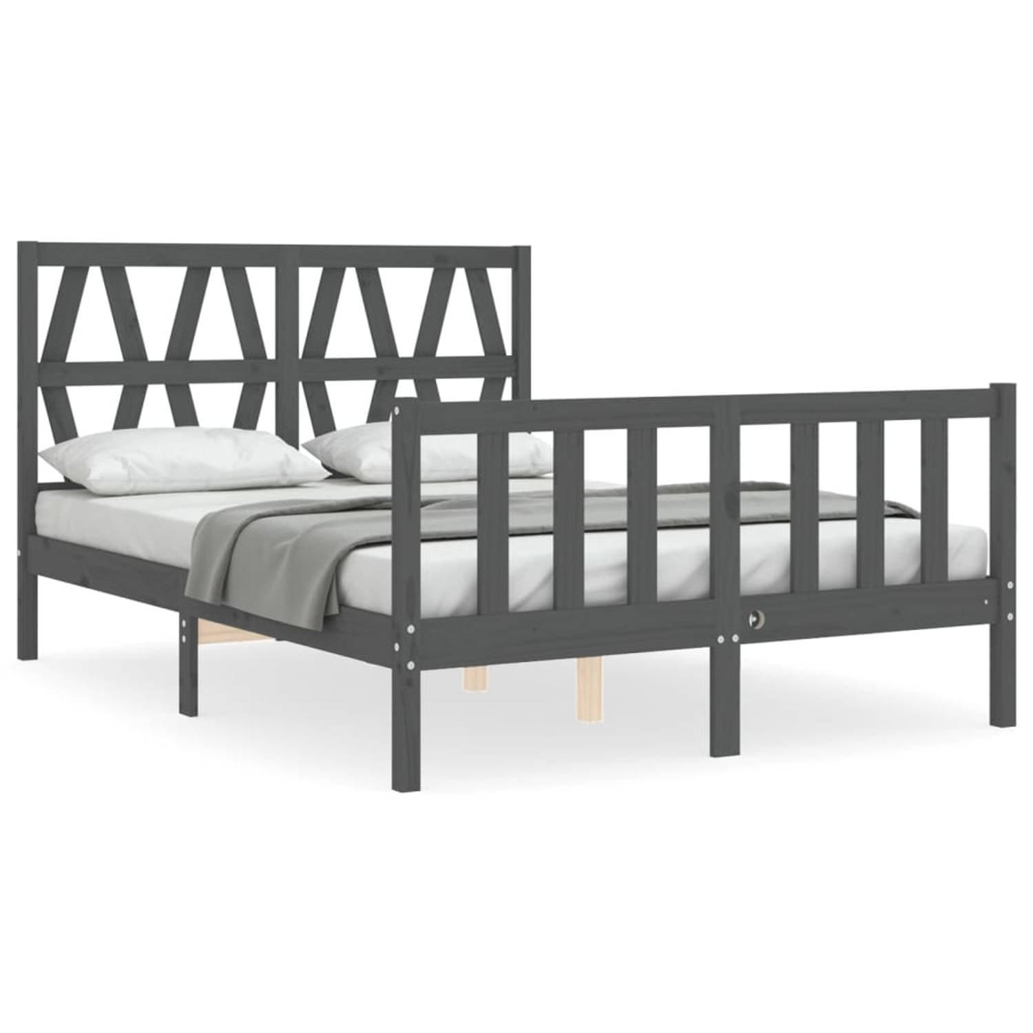 The Living Store Bedframe met hoofdbord massief hout grijs 120x200 cm - Bedframe - Bedframes - Bed - Tweepersoonsbed - Slaapkamermeubel - Houten Bedframe - Houten Bed - Bedbodem -