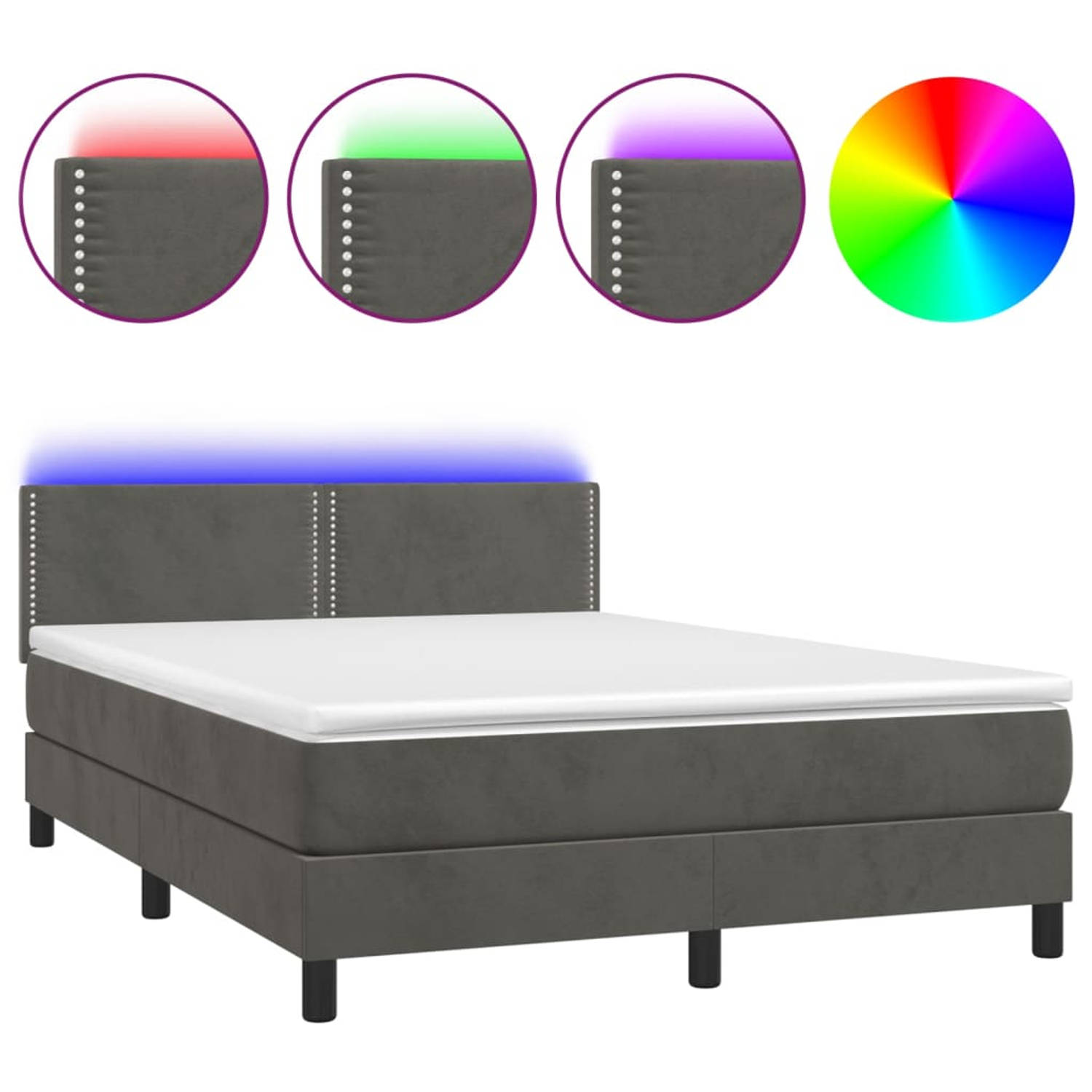 The Living Store Boxspring met matras en LED fluweel donkergrijs 140x200 cm - Bed