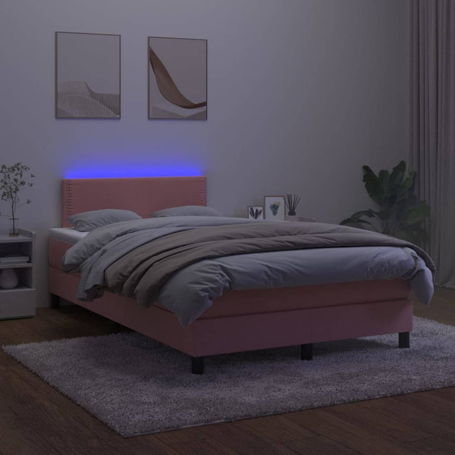 The Living Store Boxspring Bed - Roze Fluweel - 203 x 120 x 78/88 cm - LED - Pocketvering