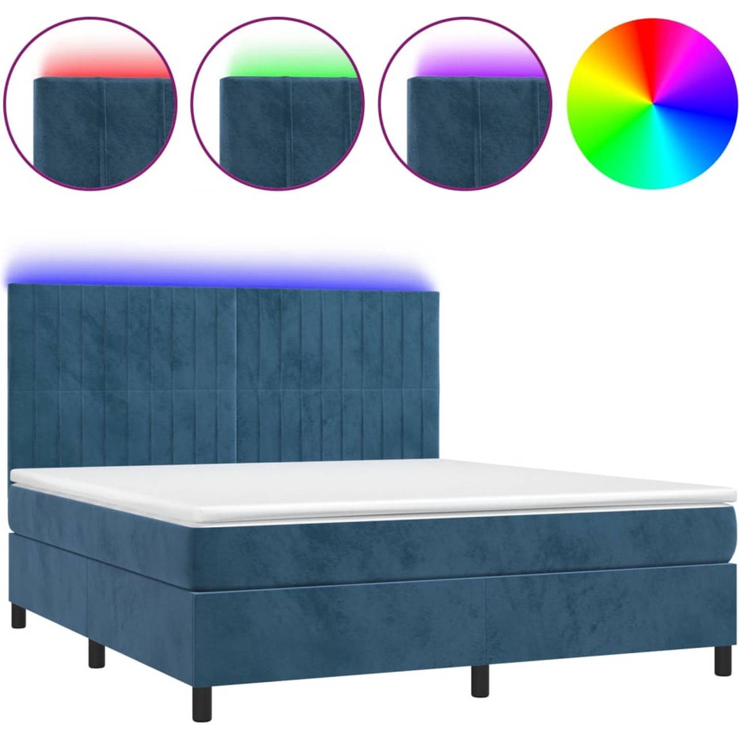 The Living Store Boxspring Bed - Donkerblauw Fluweel - Pocketvering Matras - Huidvriendelijk Topmatras - Kleurrijke LED-verlichting