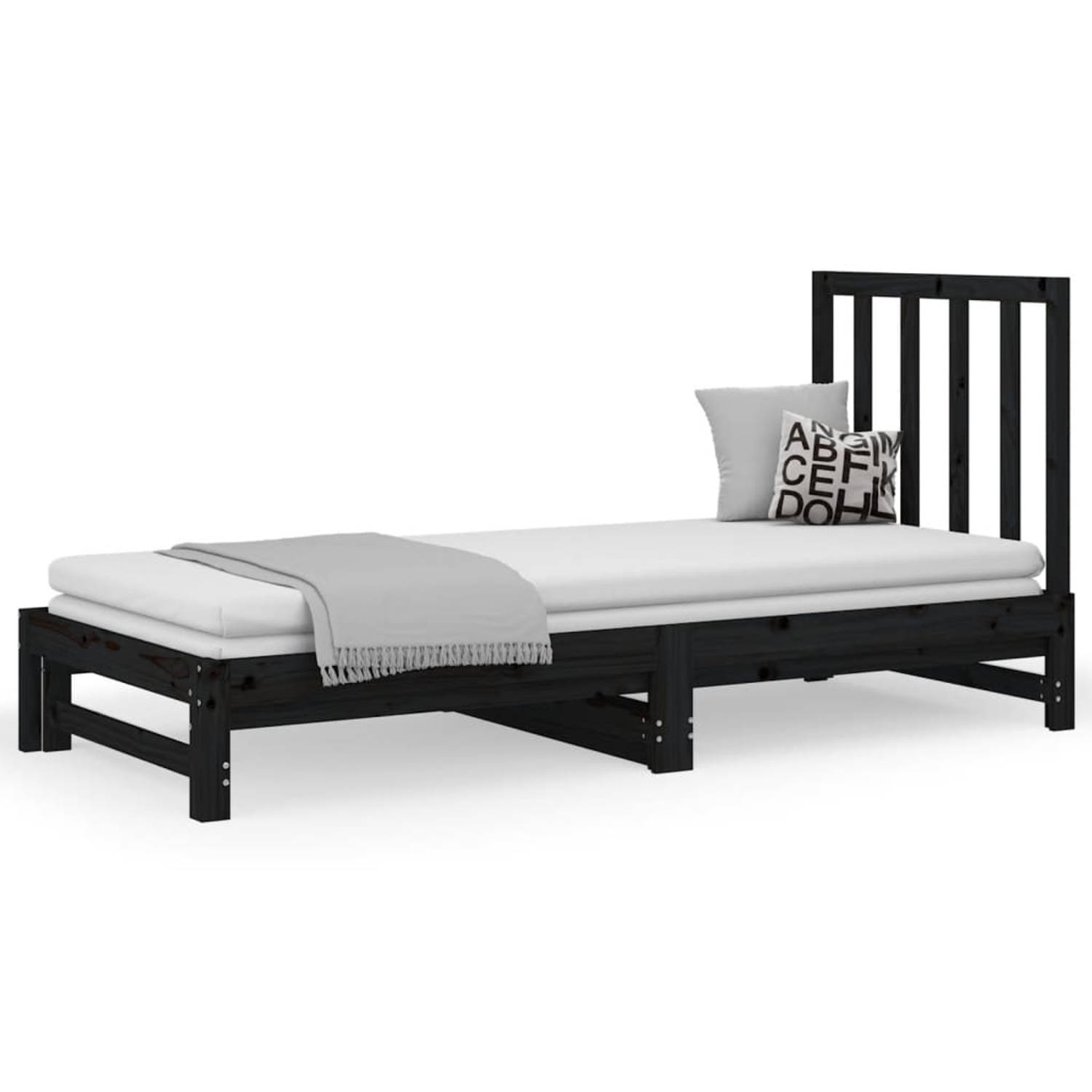 The Living Store Slaapbank uitschuifbaar massief grenenhout zwart 2x(90x200) cm - Slaapbank - Slaapbanken - Bedbank - Bed - Bedframe - Houten Bedframe - Bedbodem - Logeerbed - Slaa