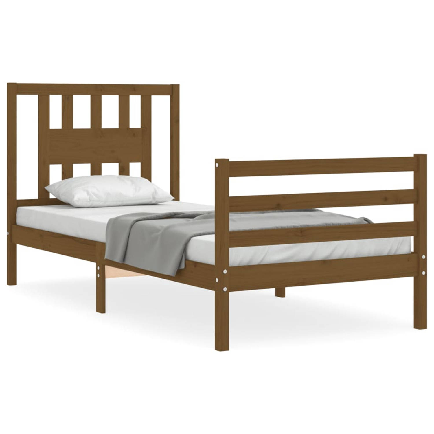 The Living Store Bedframe met hoofdbord massief hout honingbruin 90x200 cm - Bedframe - Bedframes - Bed - Eenpersoonsbed - Slaapkamermeubel - Houten Bedframe - Houten Bed - Bedbode