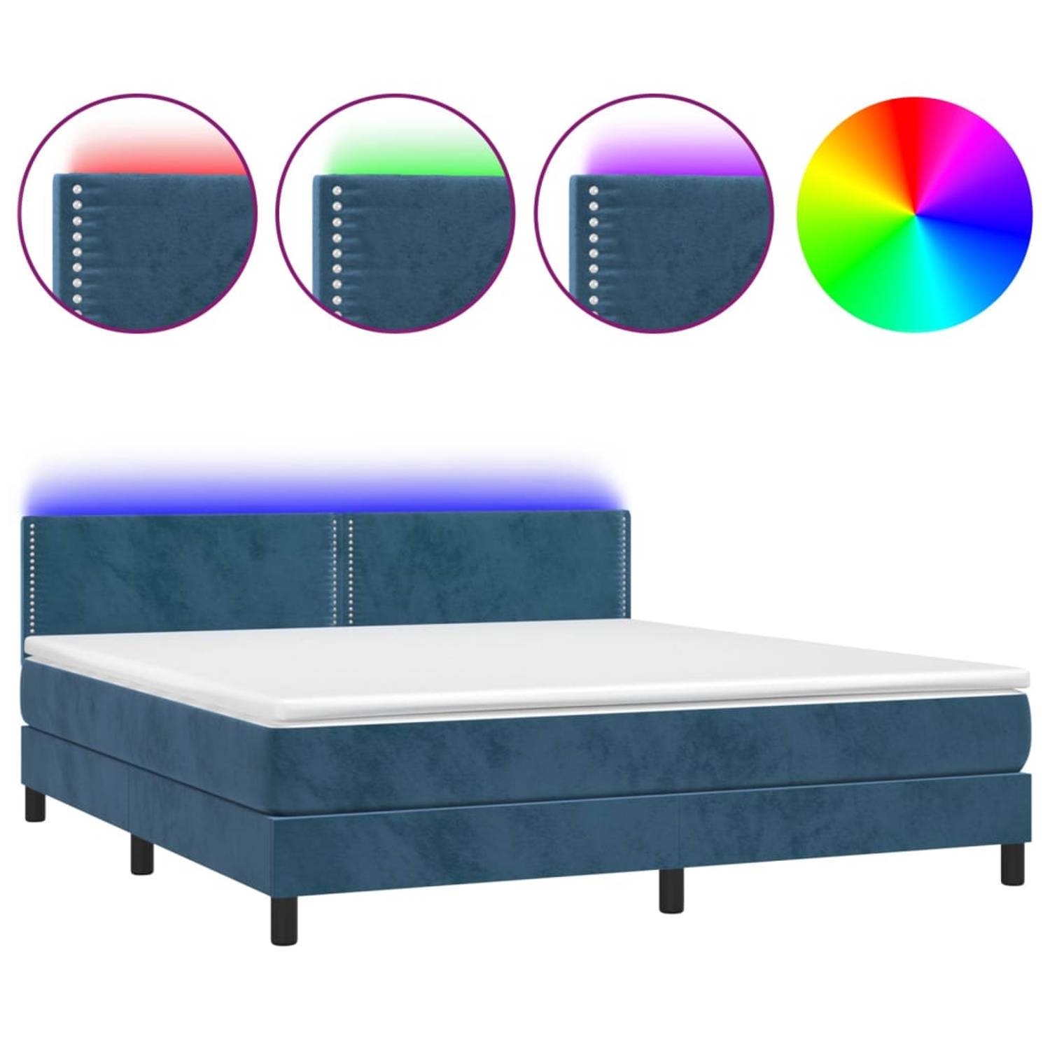 The Living Store Boxspring met matras en LED fluweel donkerblauw 180x200 cm - Bed