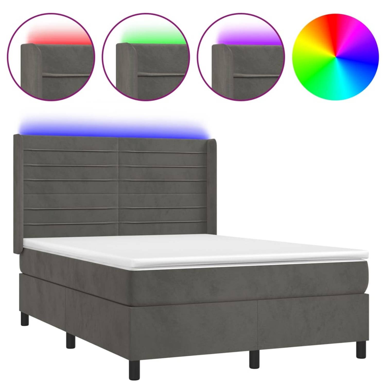 The Living Store Bed Fluweel Donkergrijs 193x147x118/128 cm - Pocketvering Matras 140x190x20 cm - Topmatras 140x190x5 cm - LED