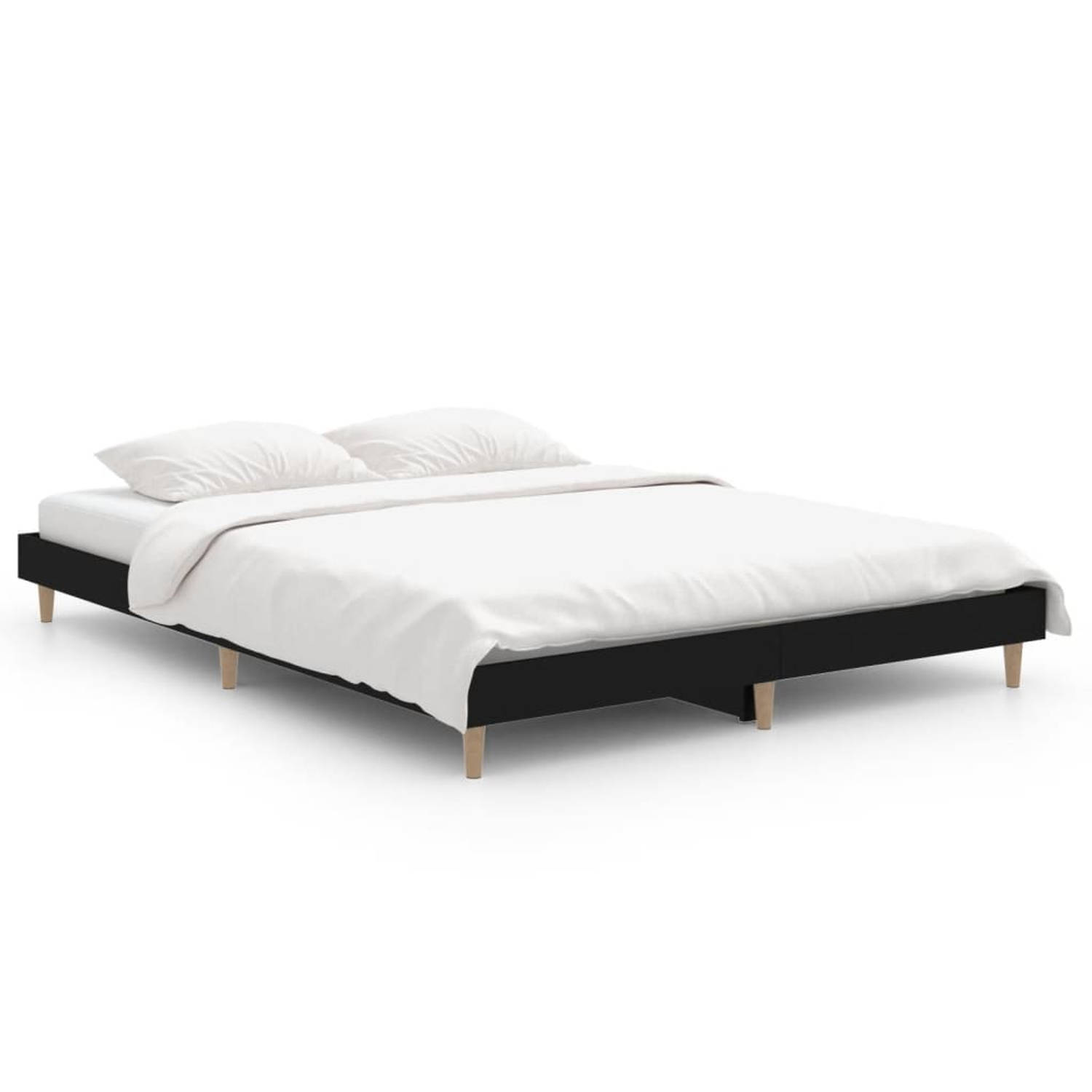 The Living Store Bedframe bewerkt hout zwart 135x190 cm - Bed