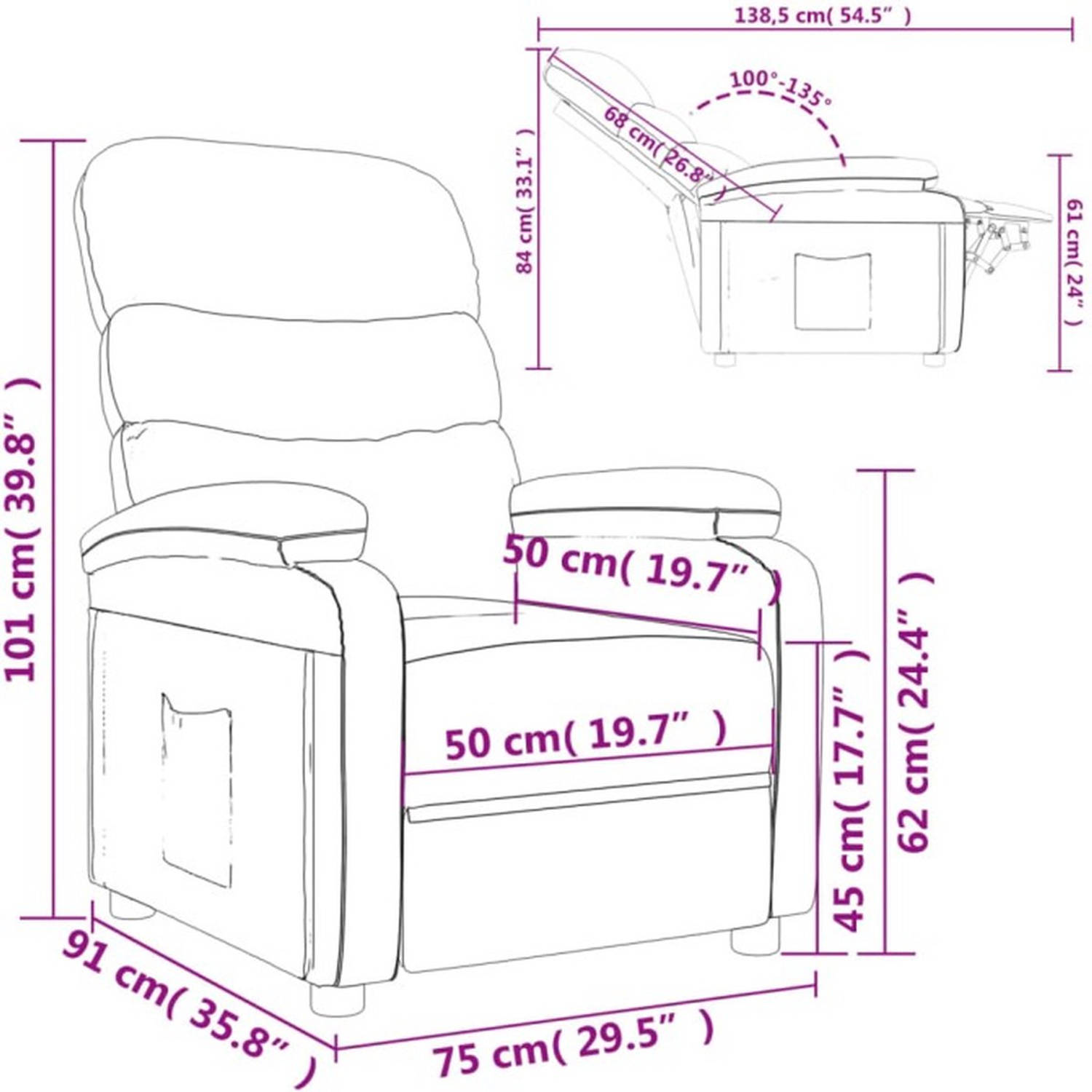 The Living Store Fauteuil verstelbaar kunstleer grijs - Fauteuil