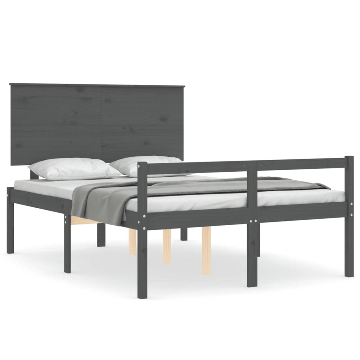 The Living Store Bedframe met hoofdbord massief hout grijs 120x200 cm - Bedframe - Bedframes - Bed - Tweepersoonsbed - Slaapkamermeubel - Houten Bedframe - Houten Bed - Bedbodem -