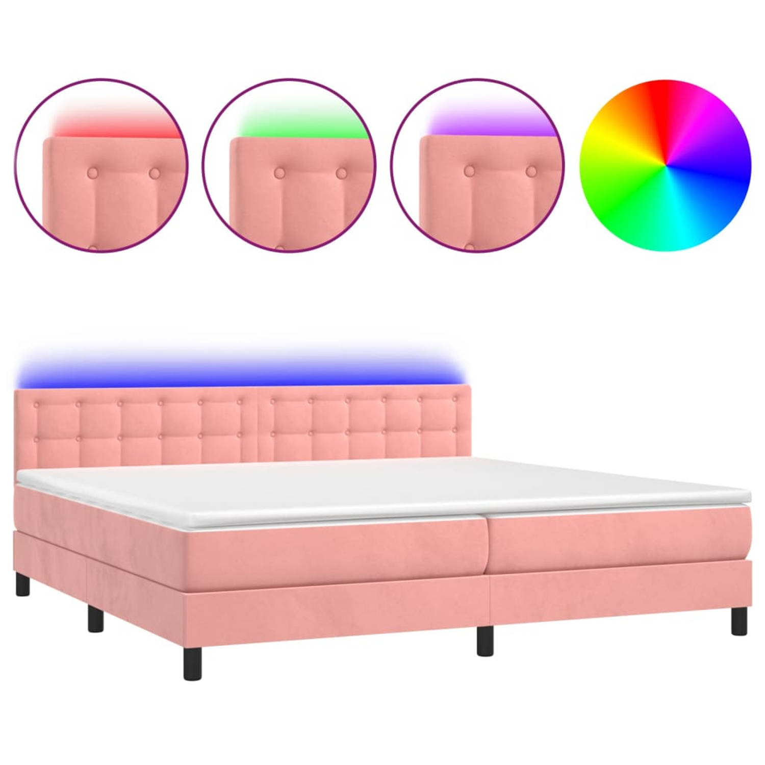 The Living Store Boxspring met matras en LED fluweel roze 200x200 cm - Bed