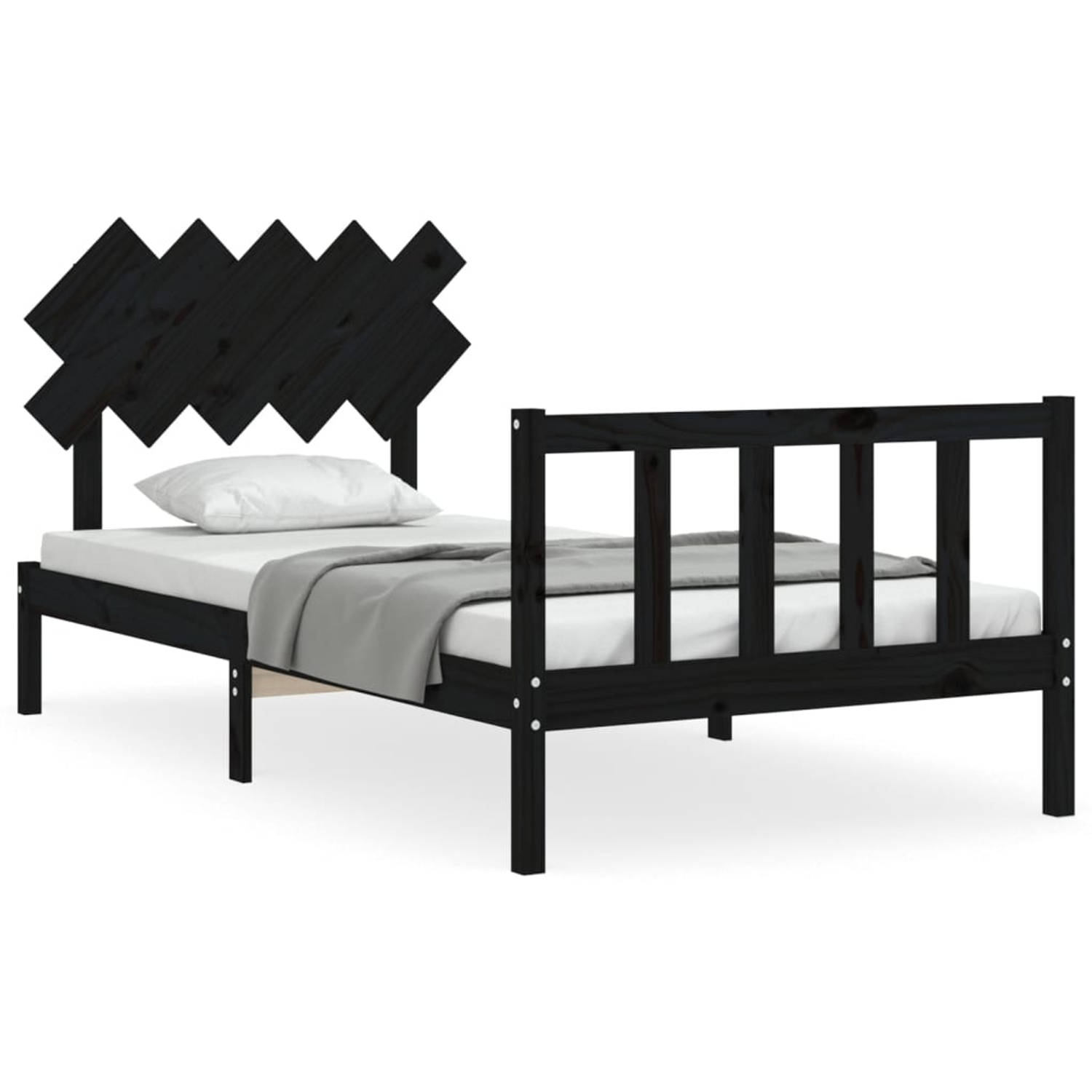 The Living Store Bedframe met hoofdbord massief hout zwart 100x200 cm - Bedframe - Bedframes - Bed - Eenpersoonsbed - Slaapkamermeubel - Houten Bedframe - Houten Bed - Bedbodem - M
