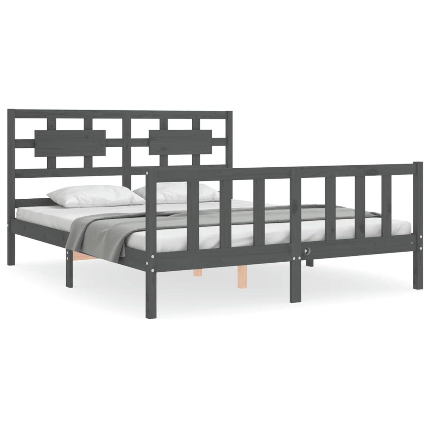 The Living Store Bedframe met hoofdbord massief hout grijs 5 FT King Size - Bedframe - Bedframes - Bed - Tweepersoonsbed - Slaapkamermeubel - Houten Bedframe - Houten Bed - Bedbode