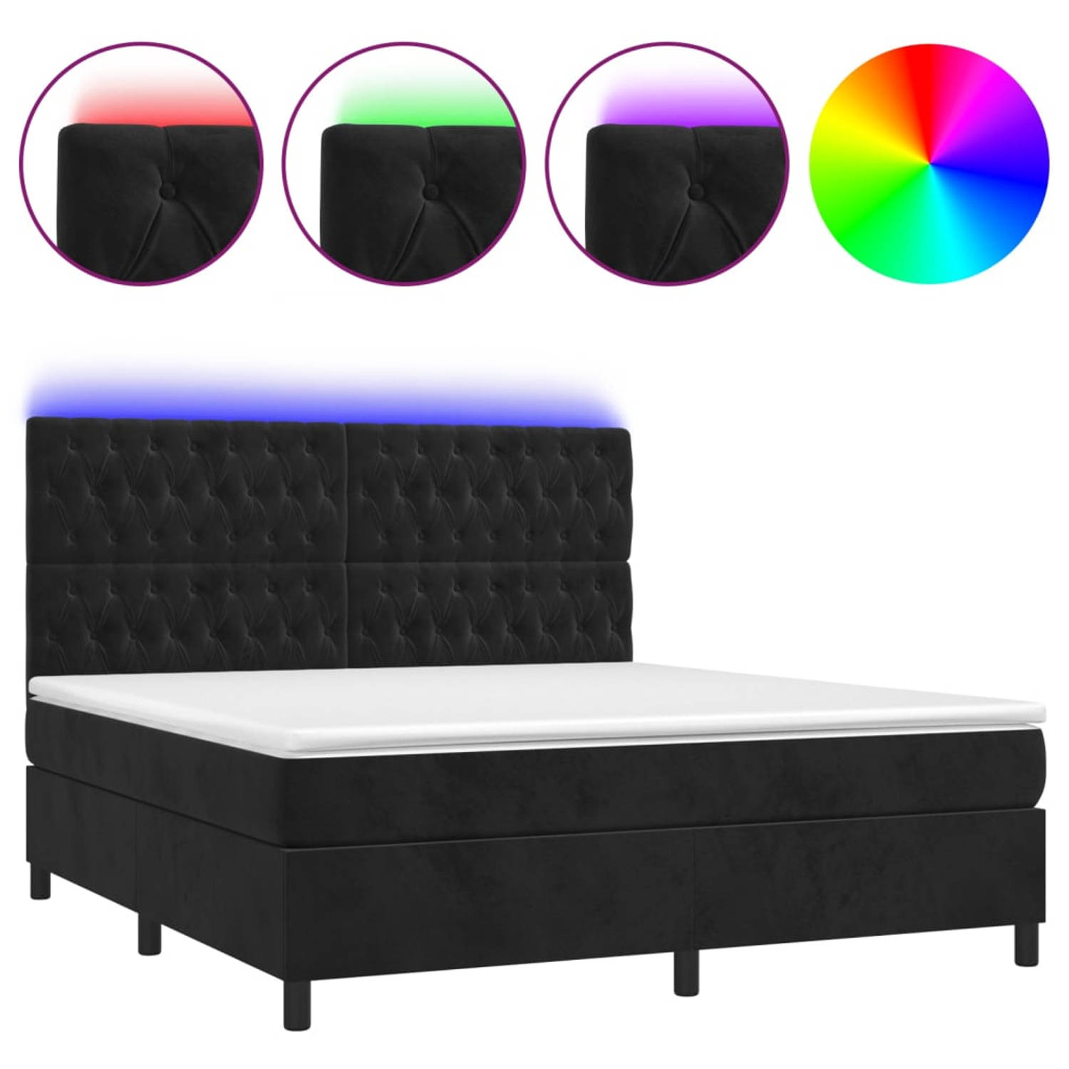The Living Store Boxspring Bed - Zacht fluweel - Verstelbaar hoofdbord - Kleurrijke LED-verlichting - Pocketvering matras - Huidvriendelijk topmatras