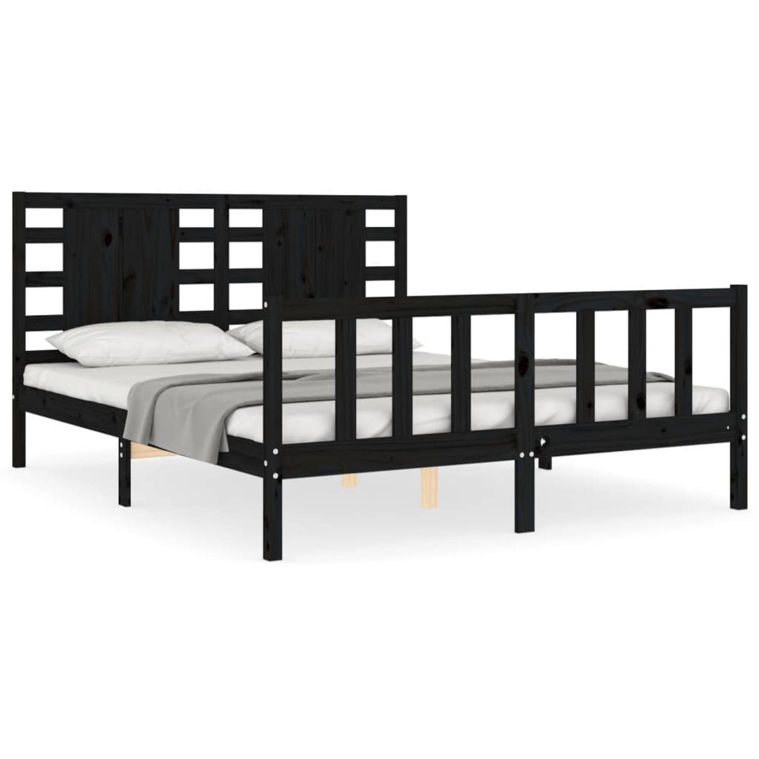 The Living Store Bedframe met hoofdbord massief hout zwart 5FT King Size - Bedframe - Bedframes - Bed - Tweepersoonsbed - Slaapkamermeubel - Houten Bedframe - Houten Bed - Bedbodem