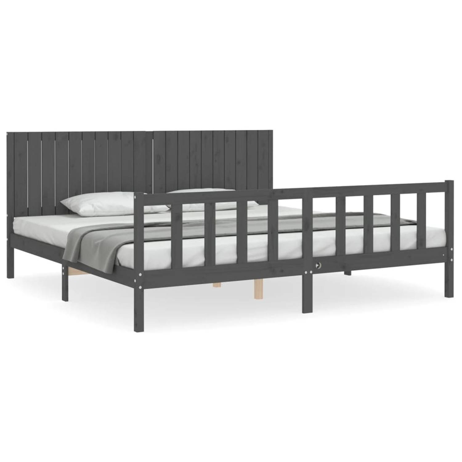 The Living Store Bedframe met hoofdbord massief hout grijs 200x200 cm - Bedframe - Bedframes - Bed - Tweepersoonsbed - Slaapkamermeubel - Houten Bedframe - Houten Bed - Bedbodem -