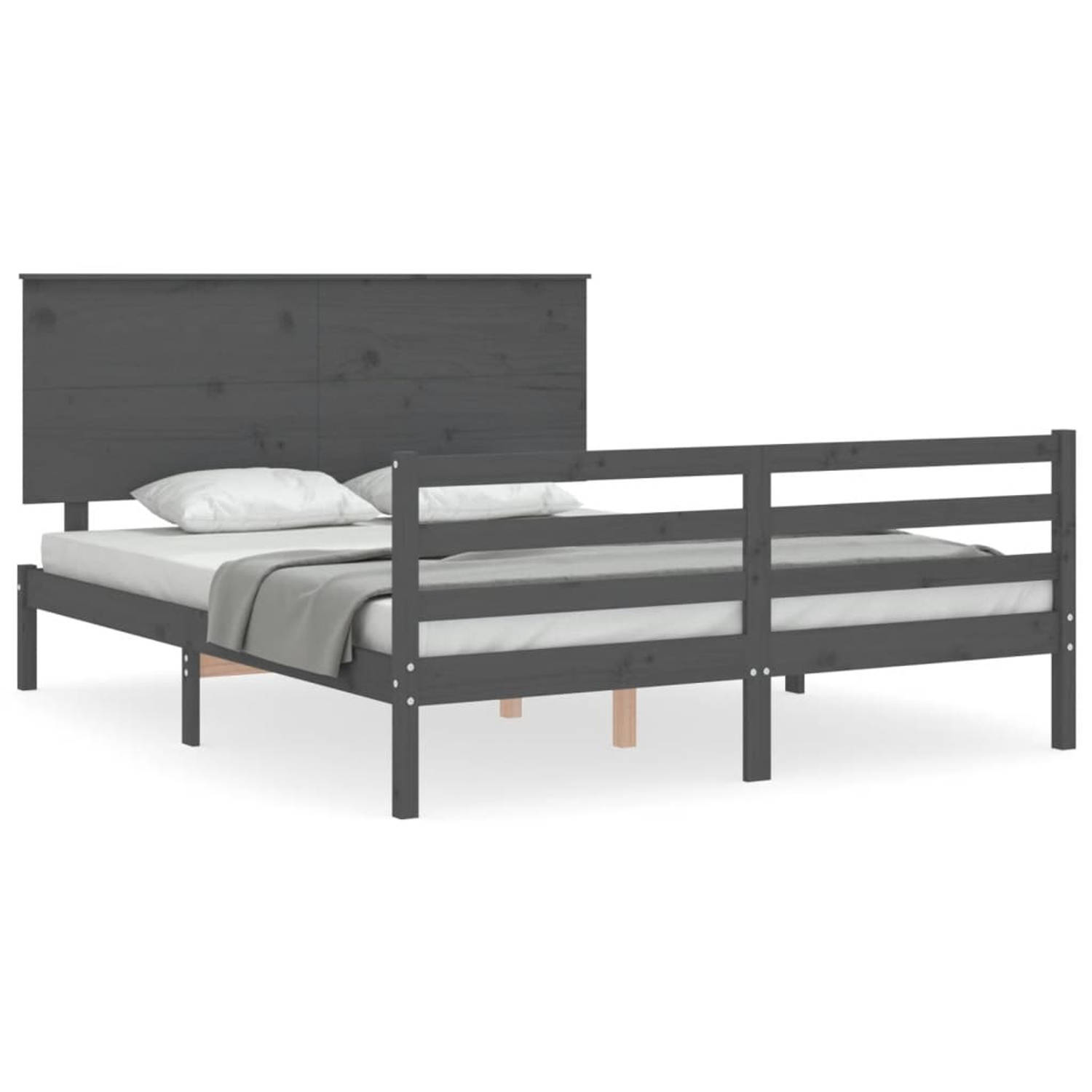 The Living Store Bedframe met hoofdbord massief hout grijs 5 FT King Size - Bedframe - Bedframes - Bed - Tweepersoonsbed - Slaapkamermeubel - Houten Bedframe - Houten Bed - Bedbode