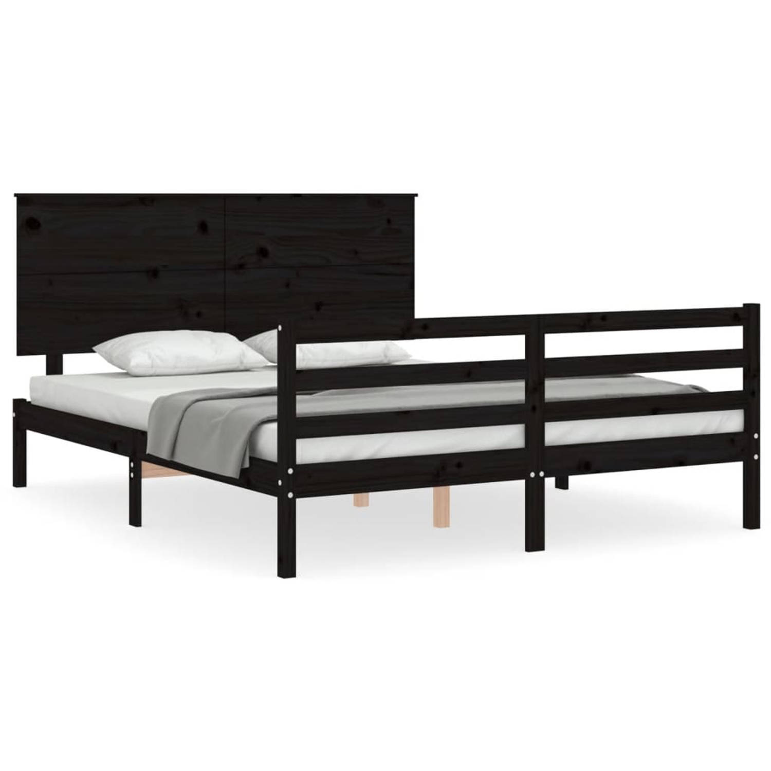 The Living Store Bedframe met hoofdbord massief hout zwart 160x200 cm - Bedframe - Bedframes - Bed - Tweepersoonsbed - Slaapkamermeubel - Houten Bedframe - Houten Bed - Bedbodem -