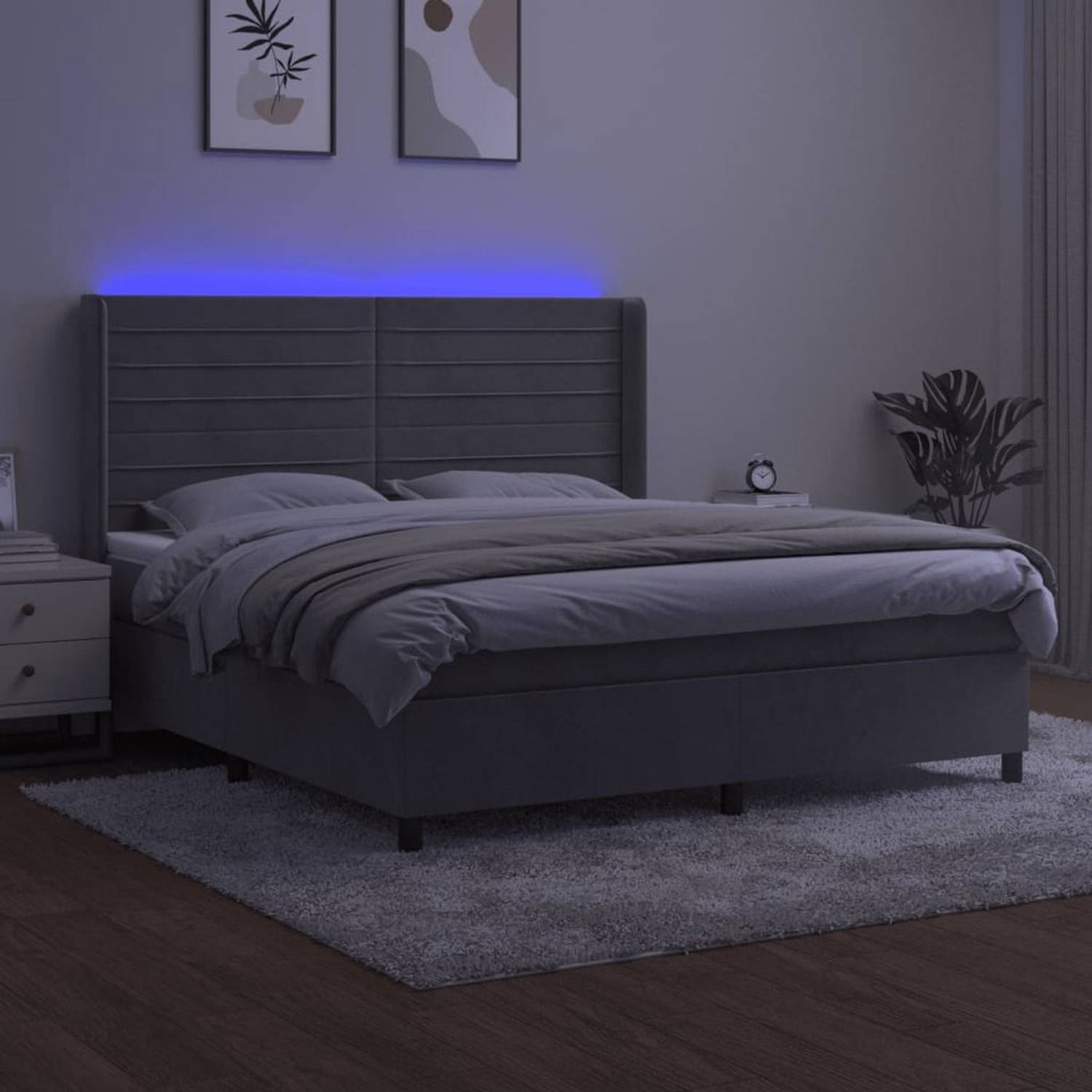 The Living Store Bed - Boxspring - 160 x 200 x 118/128 cm - Ken- LED - fluweel - hoofdbord - pocketvering - huidvriendelijk