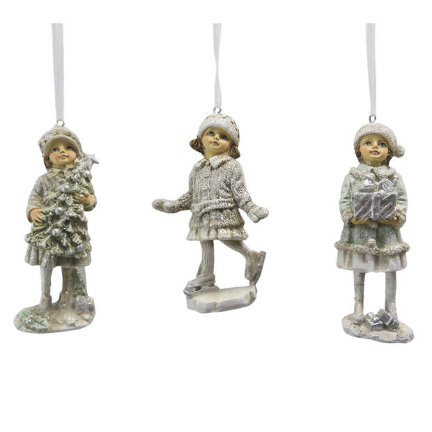 Clayre & Eef Kersthanger set van 3 Kind 12 cm Beige Groen Kunststof Kerstdecoratie Beige Kerstdecoratie