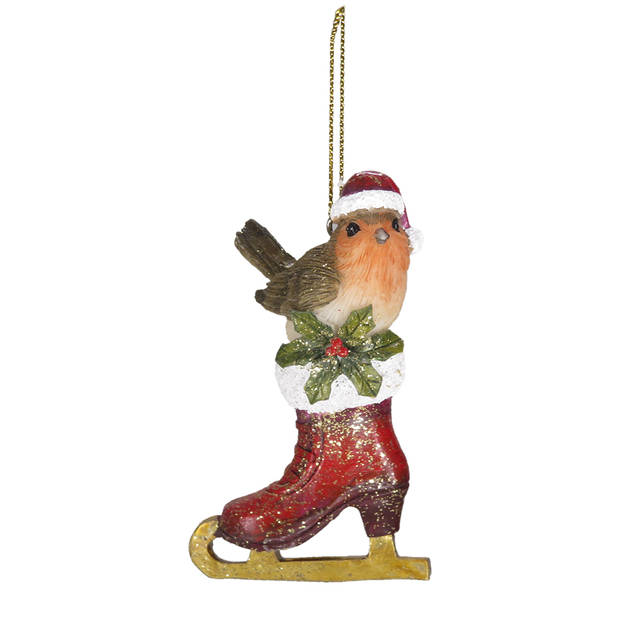 Clayre & Eef Kersthanger Vogel 8 cm Rood Bruin Kunststof Kerstbal Rood Kerstbal