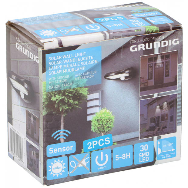 Grundig solar wandlamp LED 12 cm kunststof zwart 2 stuks