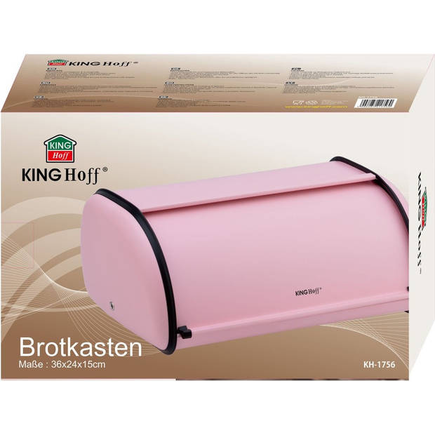 Kinghoff 1756 - Kleine Broodtrommel - RVS - Roze - Retro - 36x24x15 cm