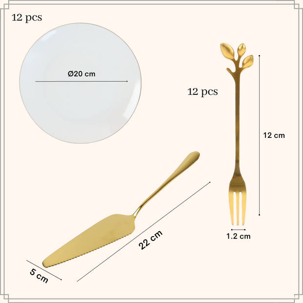 OTIX Taartschep met Gebaksvorkjes - Goud 12x - Dessertvorkjes - 12x - Gebaksbordjes - Dessert