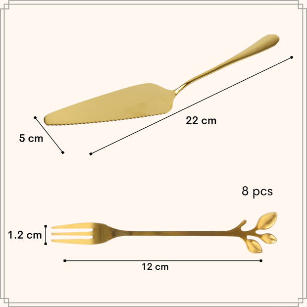 OTIX Taartschep met Gebaksvorkjes - Goud - 8x - Dessertvorkjes RVS