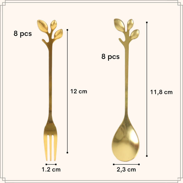 OTIX Gebaksvorkjes en Theelepeltjes - 16 stuks - Goud met Bladeren - Dessertvorkjes - Taartvorkjes - LEAF