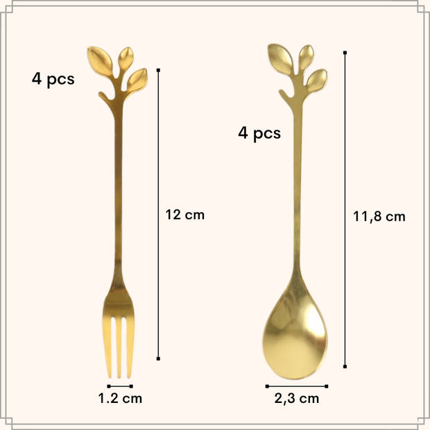 OTIX Gebaksvorkjes en Theelepeltjes - 8 stuks - Goud met Bladeren - Dessertvorkjes - Taartvorkjes - LEAF