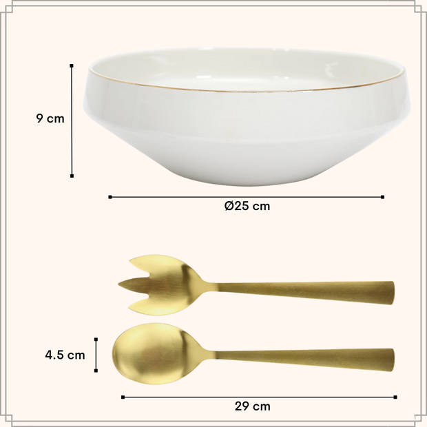 OTIX Saladeschaal - Slakom - Serveerschaal met Slacouvert - 25cm - Wit met Gouden Rand - Porselein - CROCUS