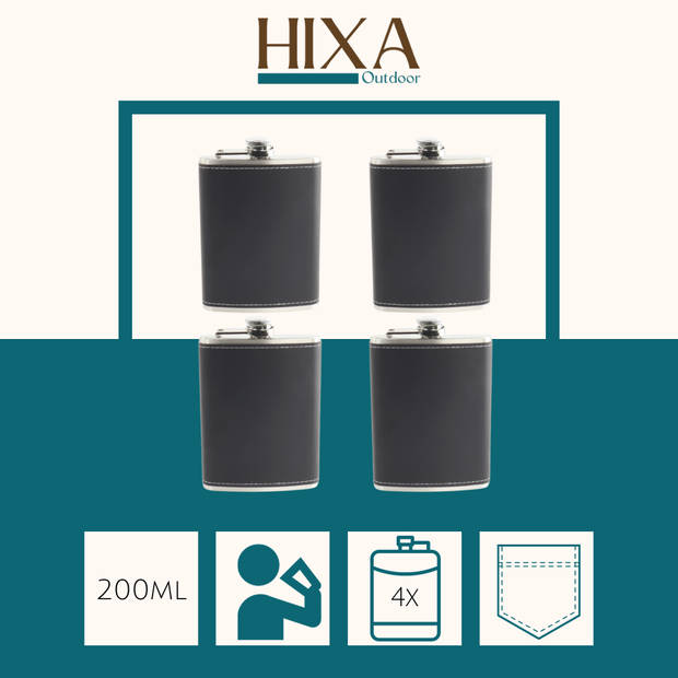 HIXA Heupfles - 4 Stuks - Flacon - Veldfles - Platvink - 200 ml - PU Leder - Zwart