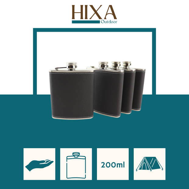 HIXA Heupfles - 4 Stuks - Flacon - Veldfles - RVS - Drinkfles - Platvink - 200ml - Leder - Zwart