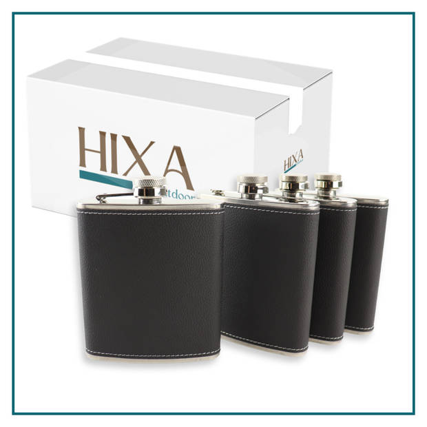 HIXA Heupfles - 4 Stuks - Flacon - Veldfles - RVS - Drinkfles - Platvink - 200ml - Leder - Zwart